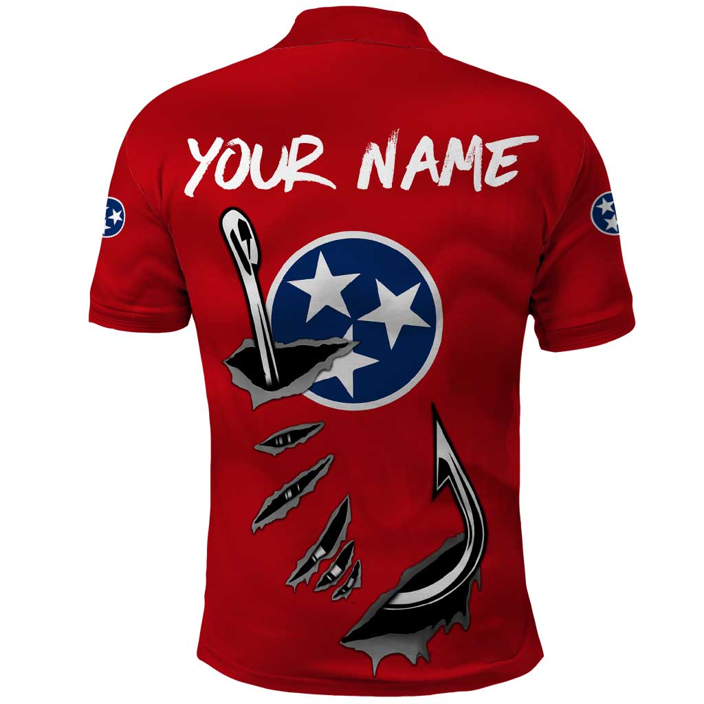 Tennessee Flag Fishing Polo Shirt with Ripped Hook Graphic and Triple Star Symbol in Red and Blue - Wonder Print Shop