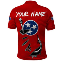 Tennessee Flag Fishing Polo Shirt with Ripped Hook Graphic and Triple Star Symbol in Red and Blue - Wonder Print Shop