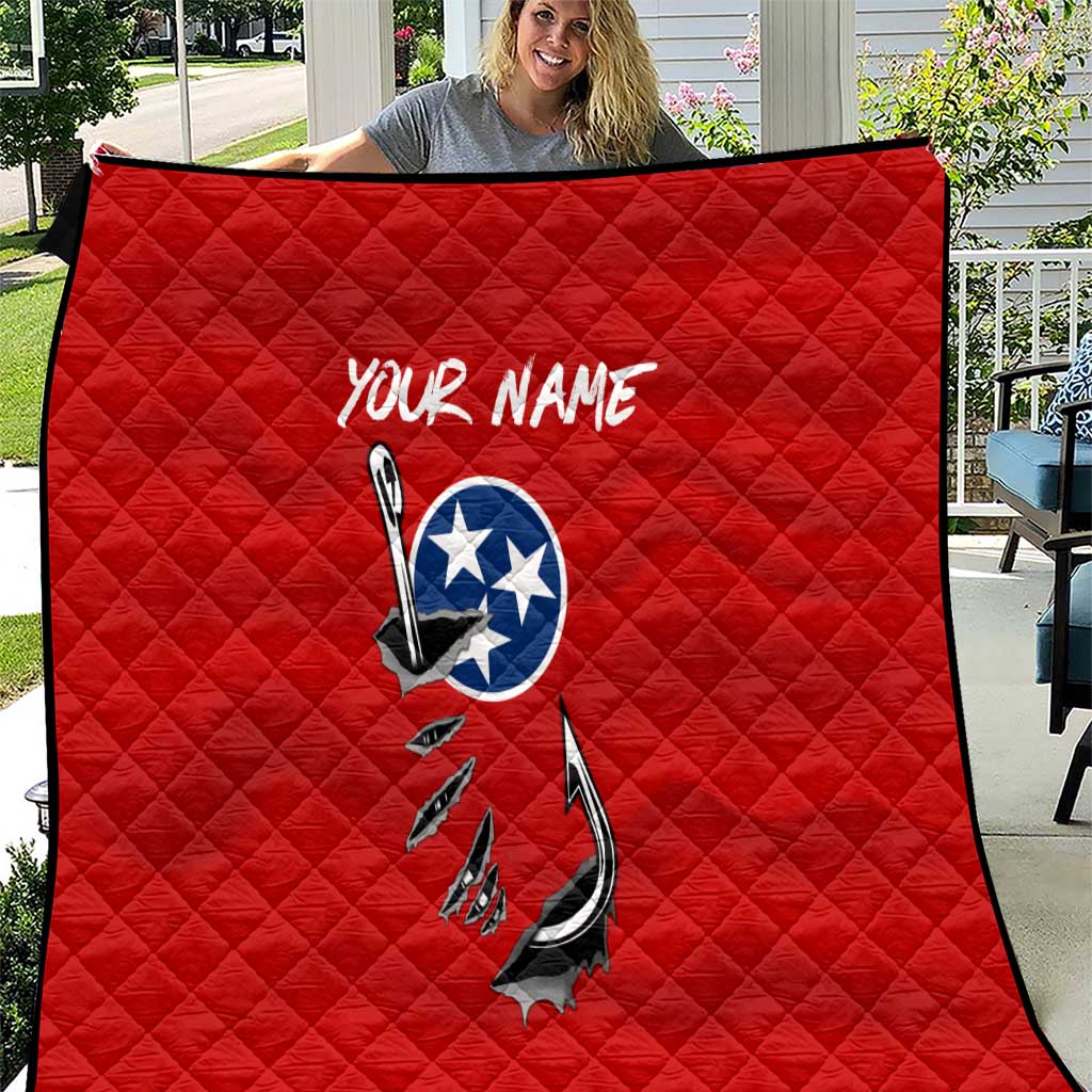 Tennessee Flag Fishing Quilt with Ripped Hook Graphic and Triple Star Symbol in Red and Blue - Wonder Print Shop
