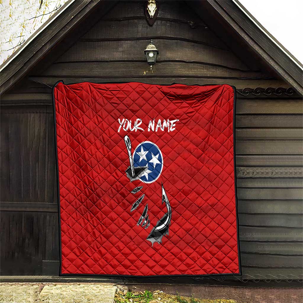 Tennessee Flag Fishing Quilt with Ripped Hook Graphic and Triple Star Symbol in Red and Blue - Wonder Print Shop