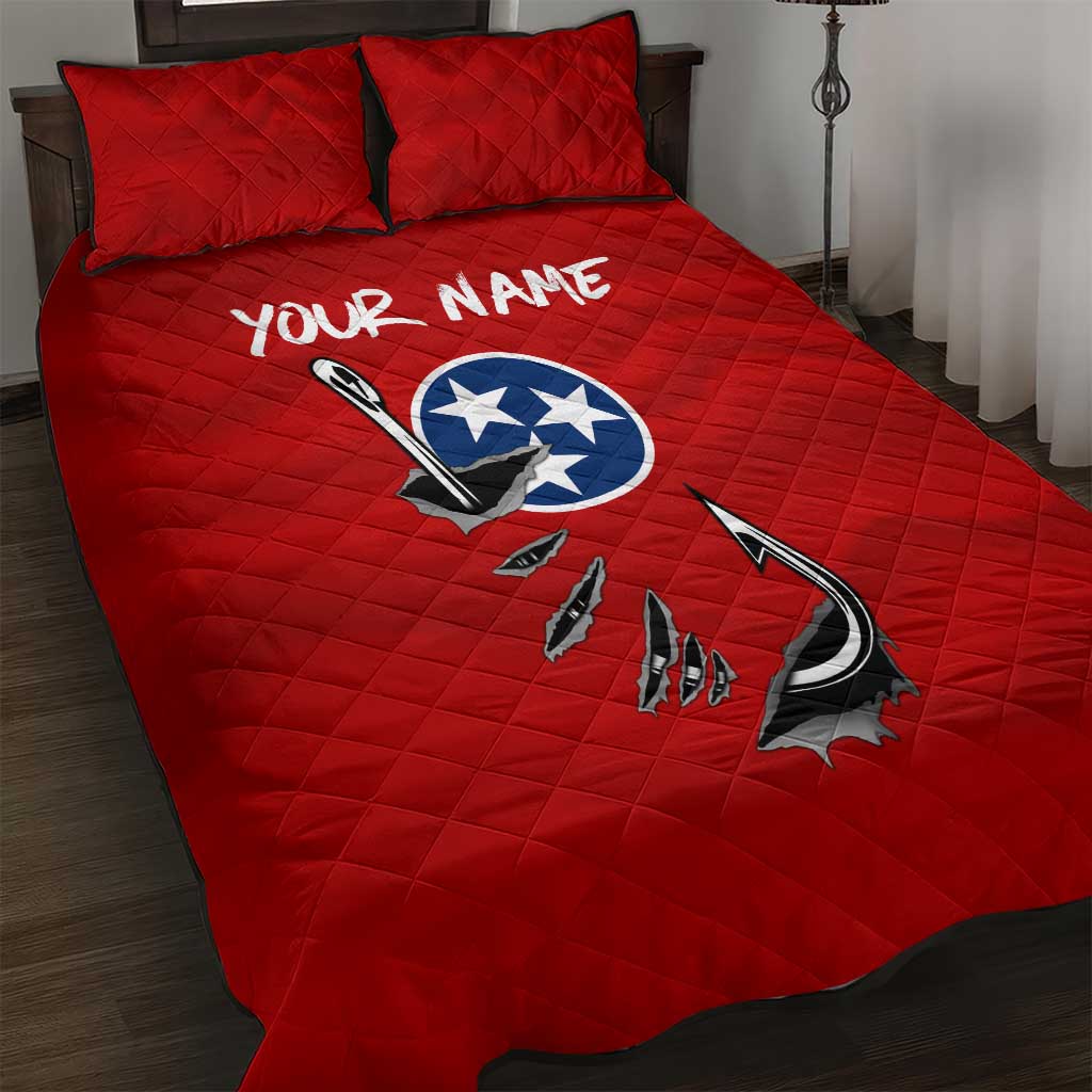 Tennessee Flag Fishing Quilt Bed Set with Ripped Hook Graphic and Triple Star Symbol in Red and Blue - Wonder Print Shop