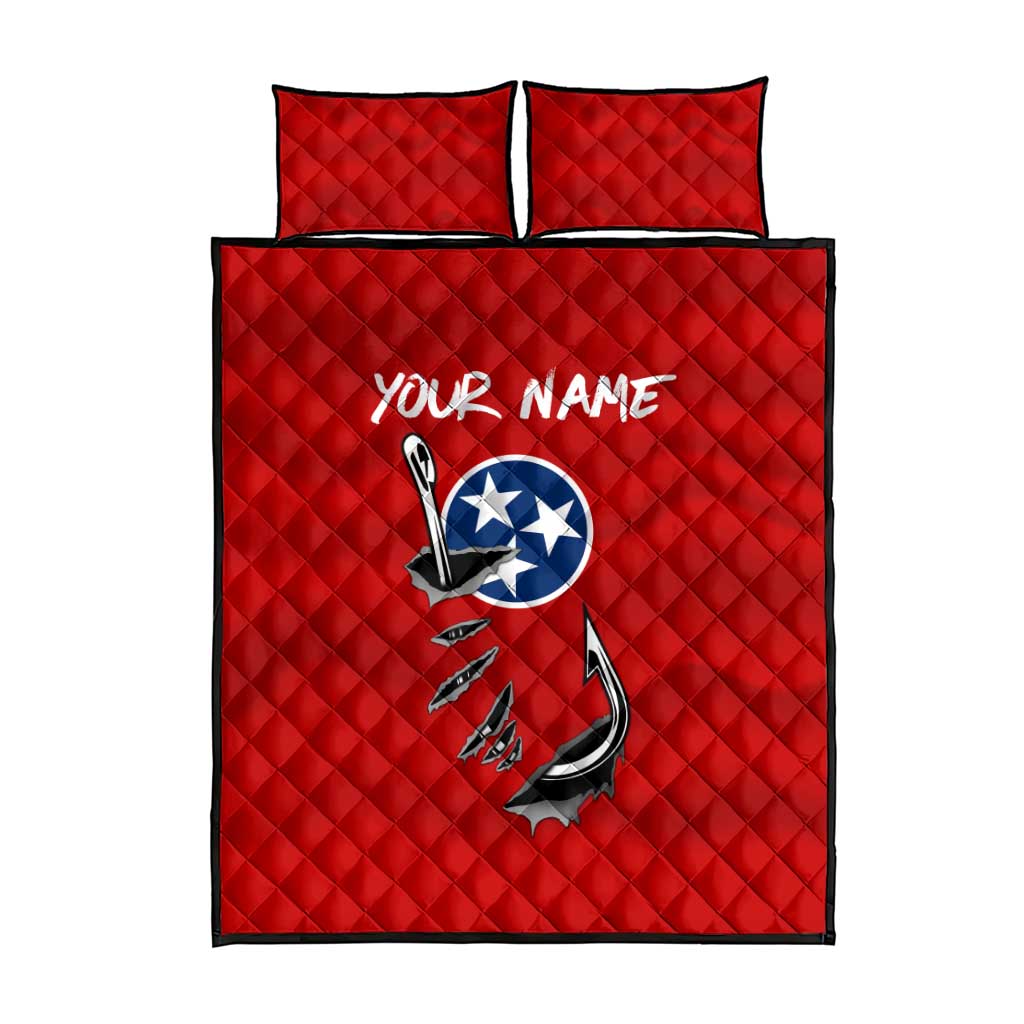 Tennessee Flag Fishing Quilt Bed Set with Ripped Hook Graphic and Triple Star Symbol in Red and Blue - Wonder Print Shop