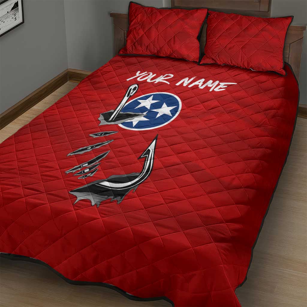 Tennessee Flag Fishing Quilt Bed Set with Ripped Hook Graphic and Triple Star Symbol in Red and Blue - Wonder Print Shop