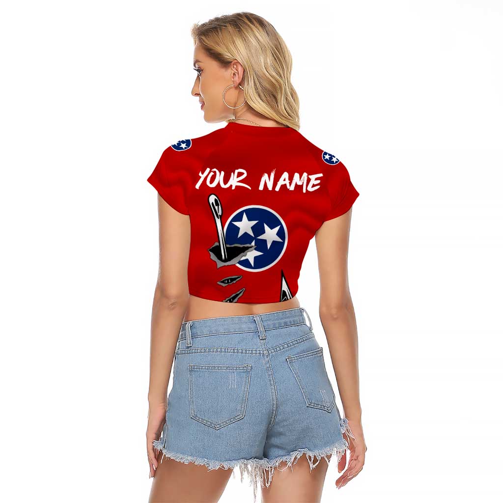 Tennessee Flag Fishing Raglan Cropped T Shirt with Ripped Hook Graphic and Triple Star Symbol in Red and Blue - Wonder Print Shop