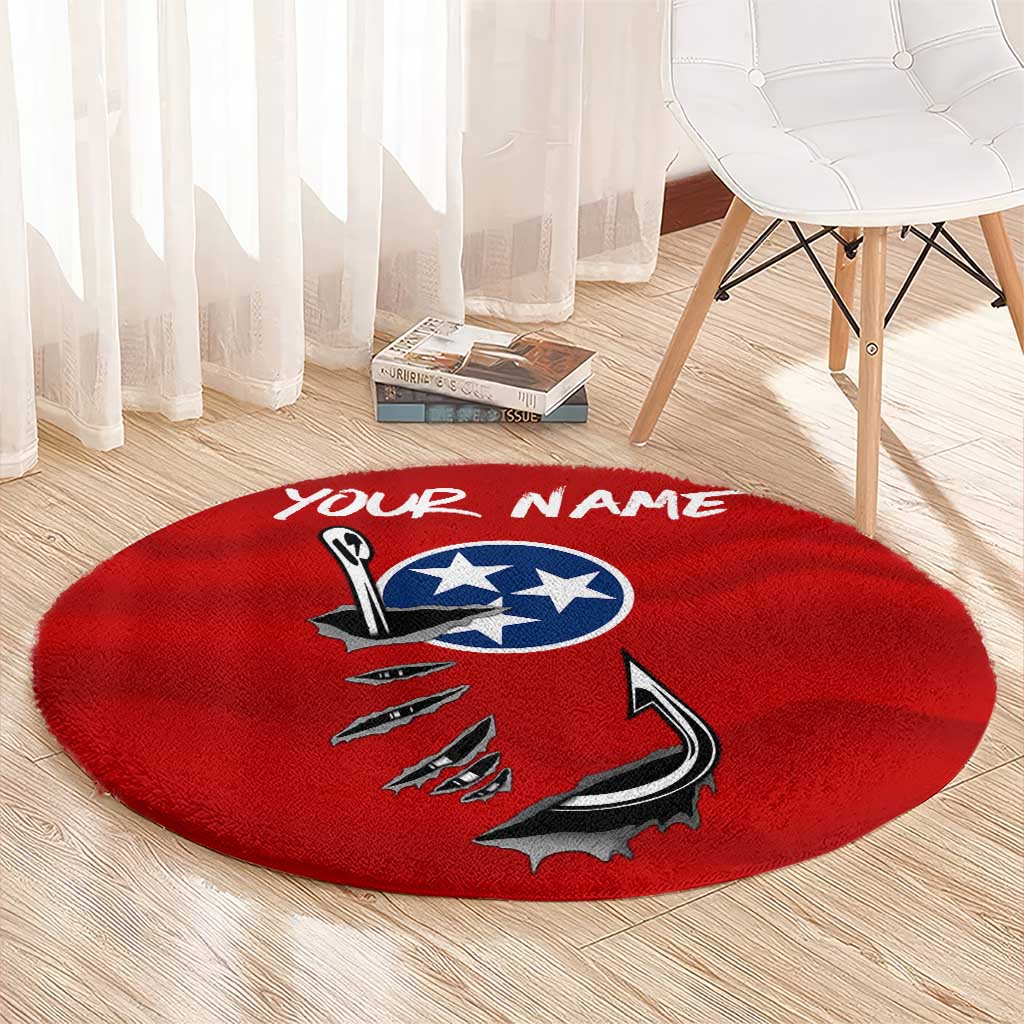 Tennessee Flag Fishing Round Carpet with Ripped Hook Graphic and Triple Star Symbol in Red and Blue - Wonder Print Shop