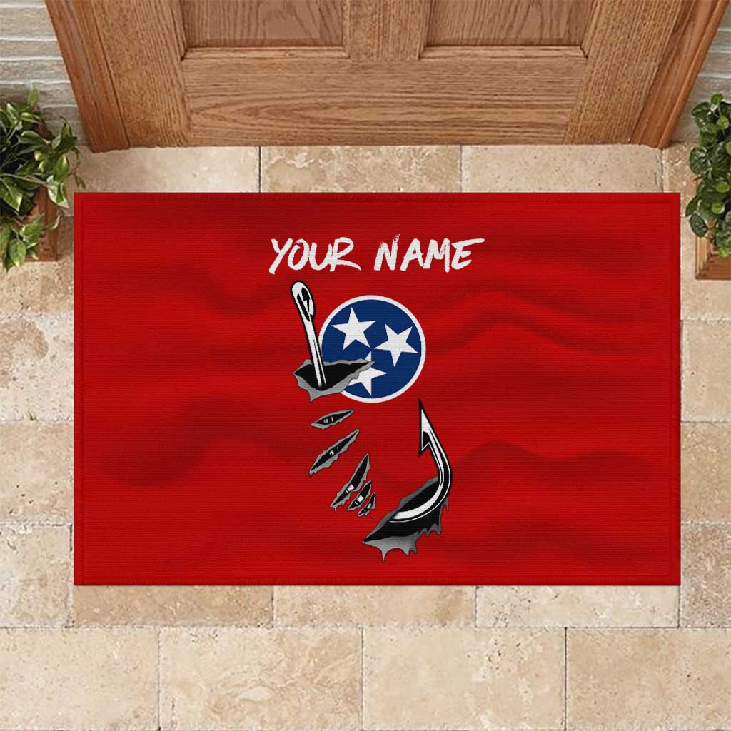Tennessee Flag Fishing Rubber Doormat with Ripped Hook Graphic and Triple Star Symbol in Red and Blue - Wonder Print Shop