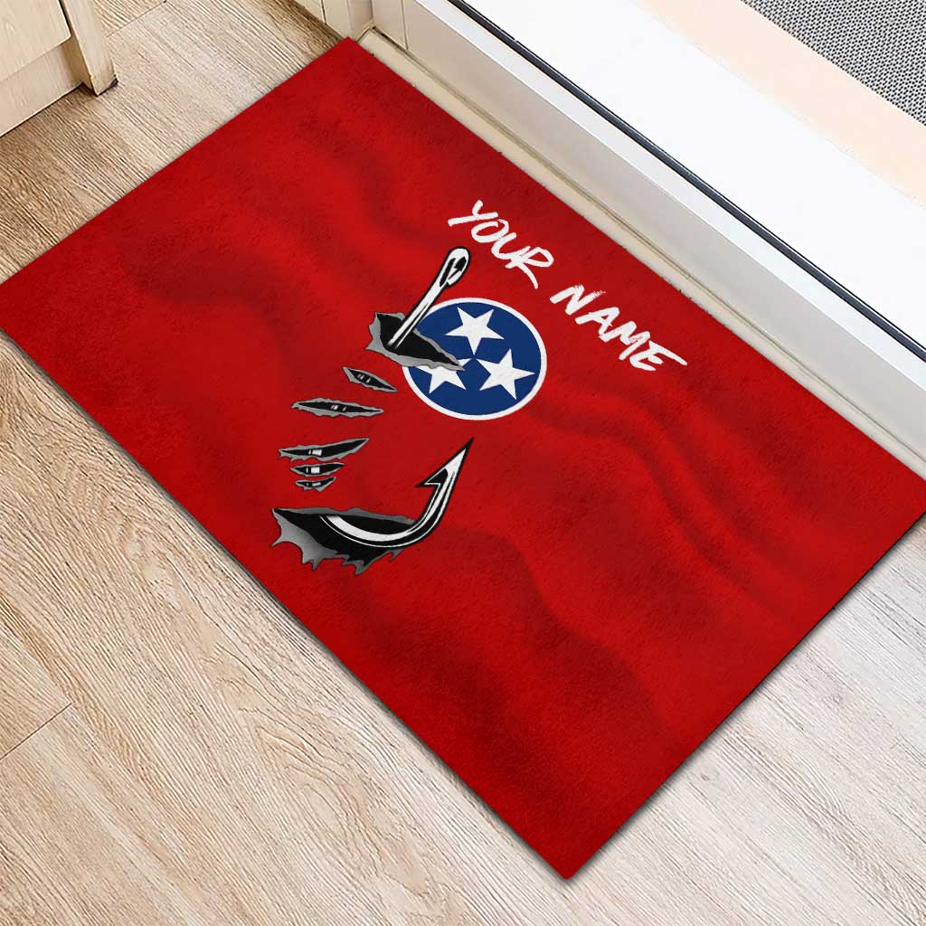Tennessee Flag Fishing Rubber Doormat with Ripped Hook Graphic and Triple Star Symbol in Red and Blue - Wonder Print Shop