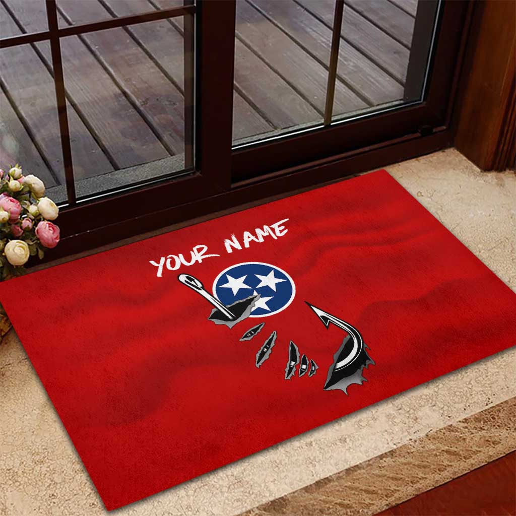 Tennessee Flag Fishing Rubber Doormat with Ripped Hook Graphic and Triple Star Symbol in Red and Blue - Wonder Print Shop