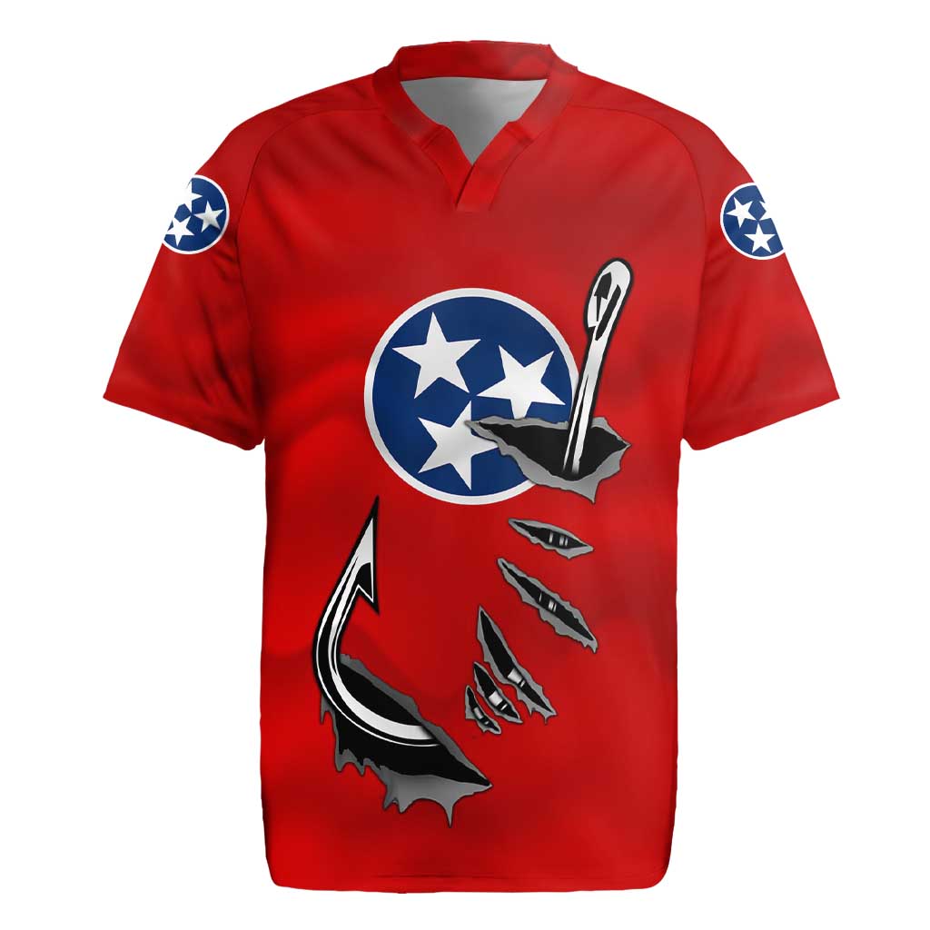Tennessee Flag Fishing Rugby Jersey with Ripped Hook Graphic and Triple Star Symbol in Red and Blue - Wonder Print Shop