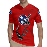 Tennessee Flag Fishing Rugby Jersey with Ripped Hook Graphic and Triple Star Symbol in Red and Blue - Wonder Print Shop