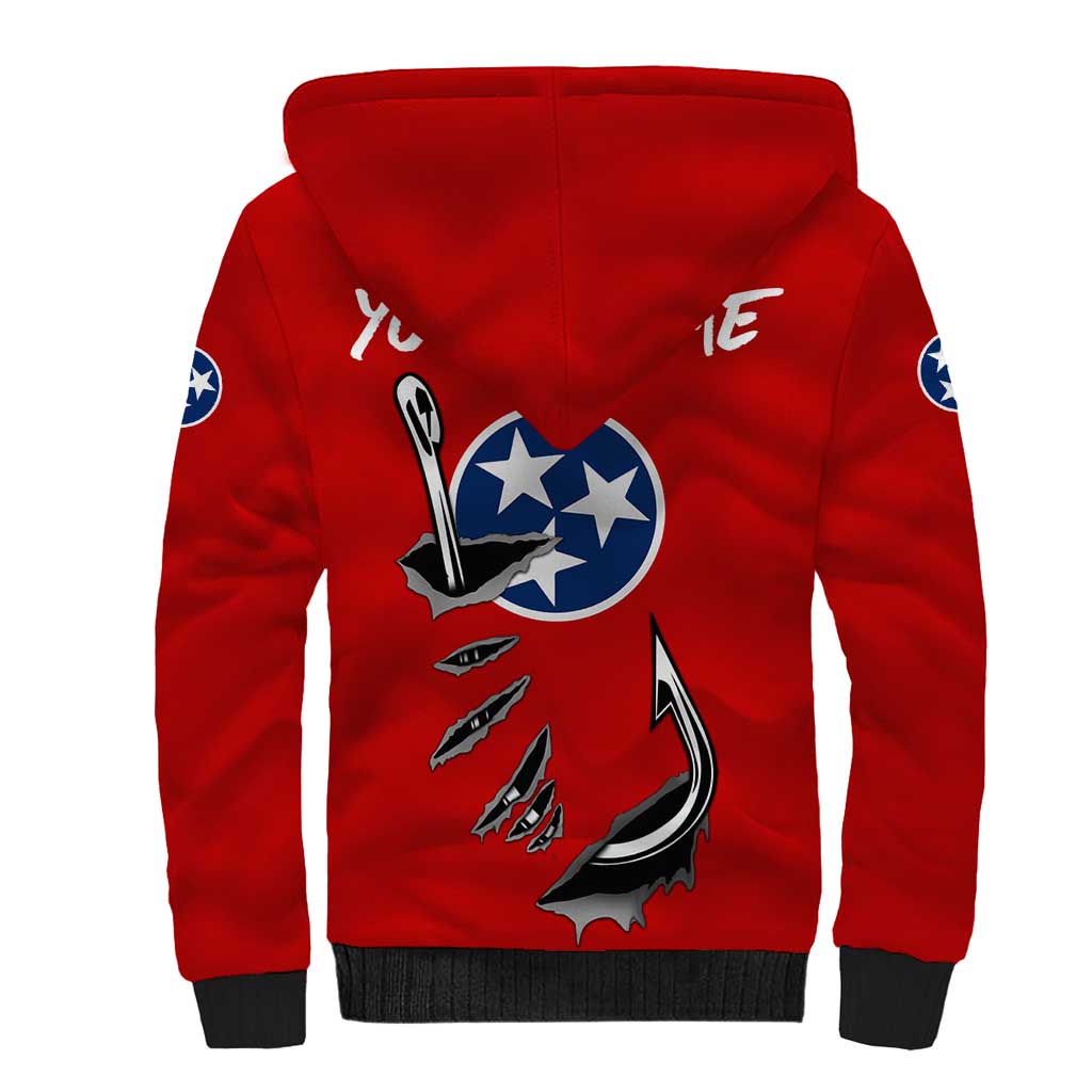 Tennessee Flag Fishing Sherpa Hoodie with Ripped Hook Graphic and Triple Star Symbol in Red and Blue - Wonder Print Shop