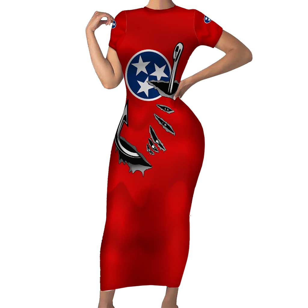 Tennessee Flag Fishing Short Sleeve Bodycon Dress with Ripped Hook Graphic and Triple Star Symbol in Red and Blue - Wonder Print Shop