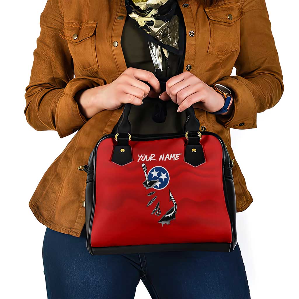 Tennessee Flag Fishing Shoulder Handbag with Ripped Hook Graphic and Triple Star Symbol in Red and Blue - Wonder Print Shop