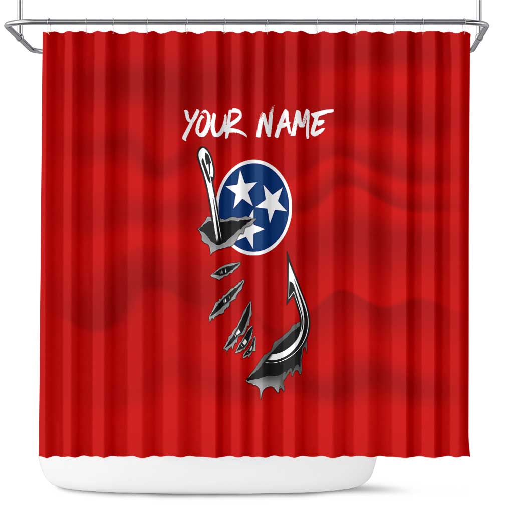 Tennessee Flag Fishing Shower Curtain with Ripped Hook Graphic and Triple Star Symbol in Red and Blue - Wonder Print Shop