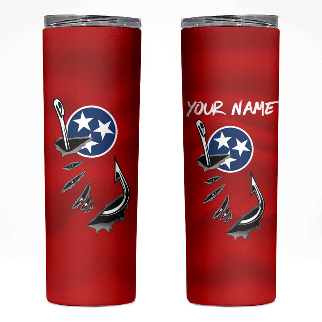 Tennessee Flag Fishing Skinny Tumbler with Ripped Hook Graphic and Triple Star Symbol in Red and Blue - Wonder Print Shop