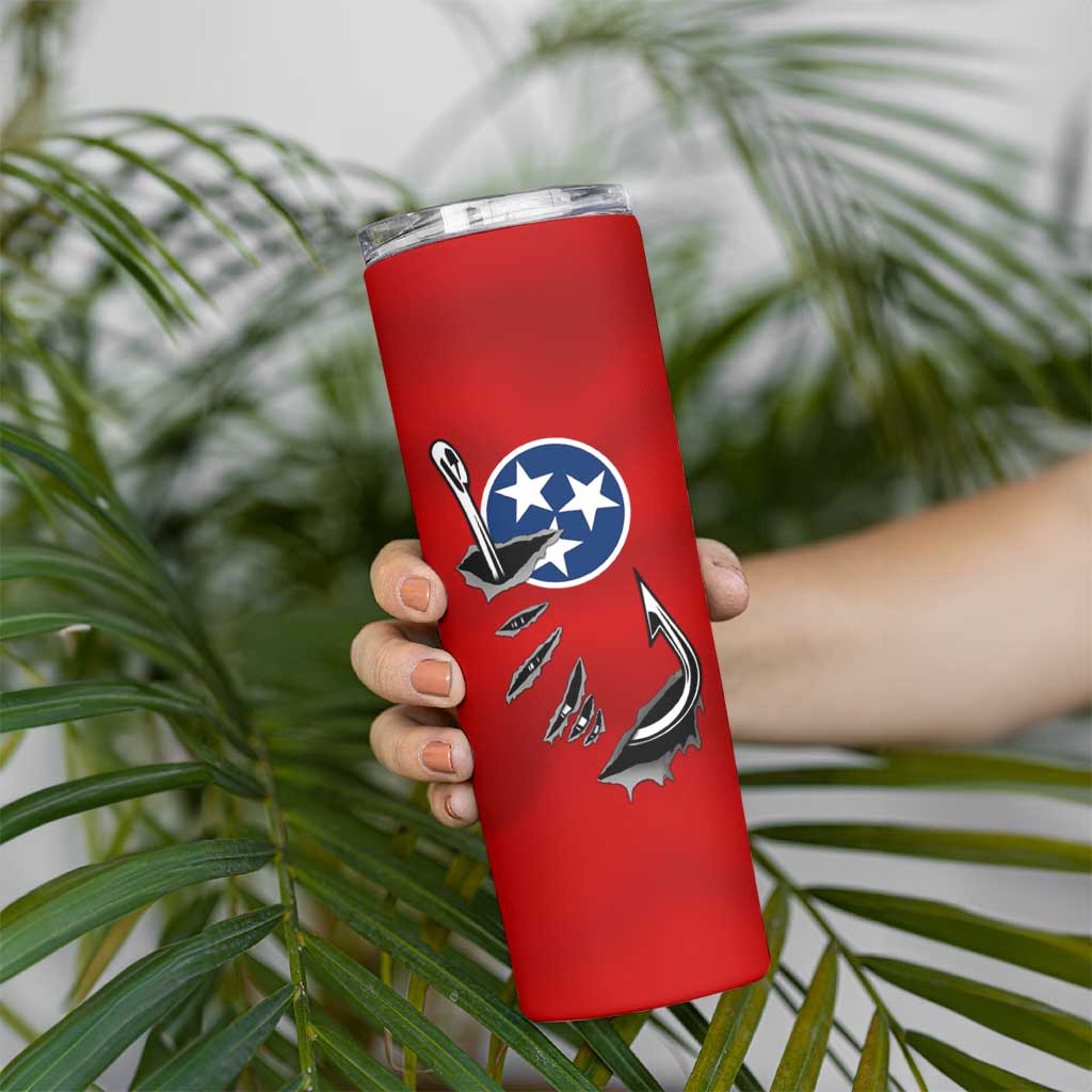 Tennessee Flag Fishing Skinny Tumbler with Ripped Hook Graphic and Triple Star Symbol in Red and Blue - Wonder Print Shop