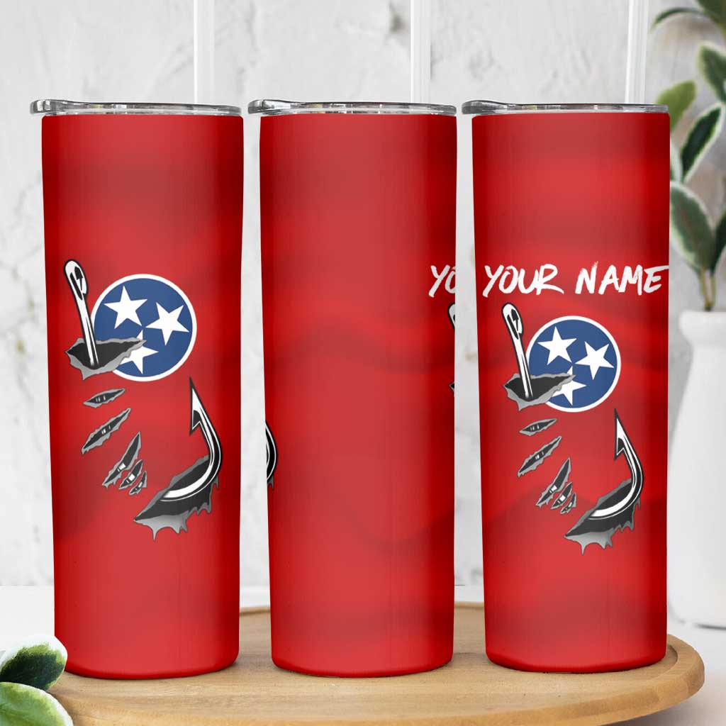 Tennessee Flag Fishing Skinny Tumbler with Ripped Hook Graphic and Triple Star Symbol in Red and Blue - Wonder Print Shop