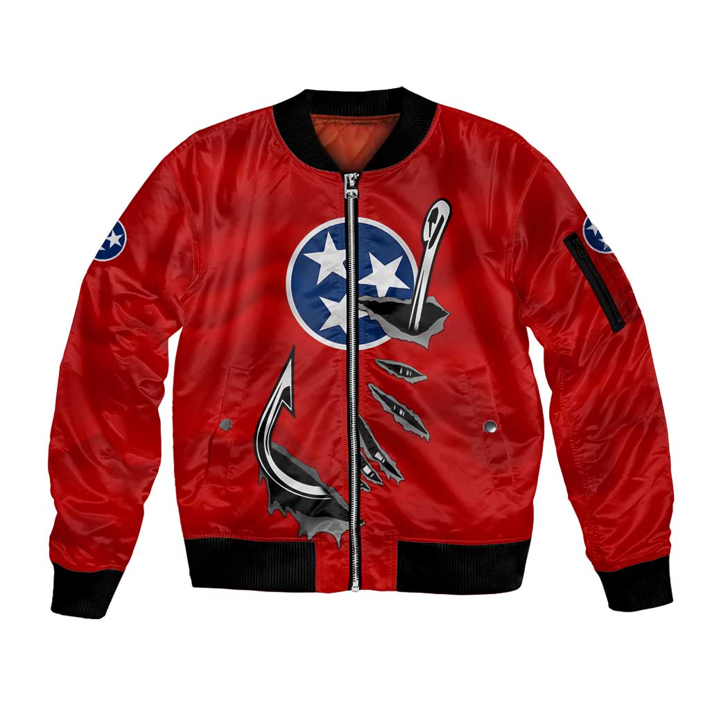 Tennessee Flag Fishing Sleeve Zip Bomber Jacket with Ripped Hook Graphic and Triple Star Symbol in Red and Blue - Wonder Print Shop