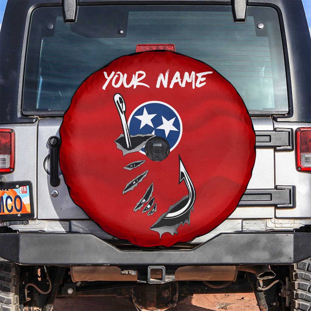 Tennessee Flag Fishing Spare Tire Cover with Ripped Hook Graphic and Triple Star Symbol in Red and Blue - Wonder Print Shop