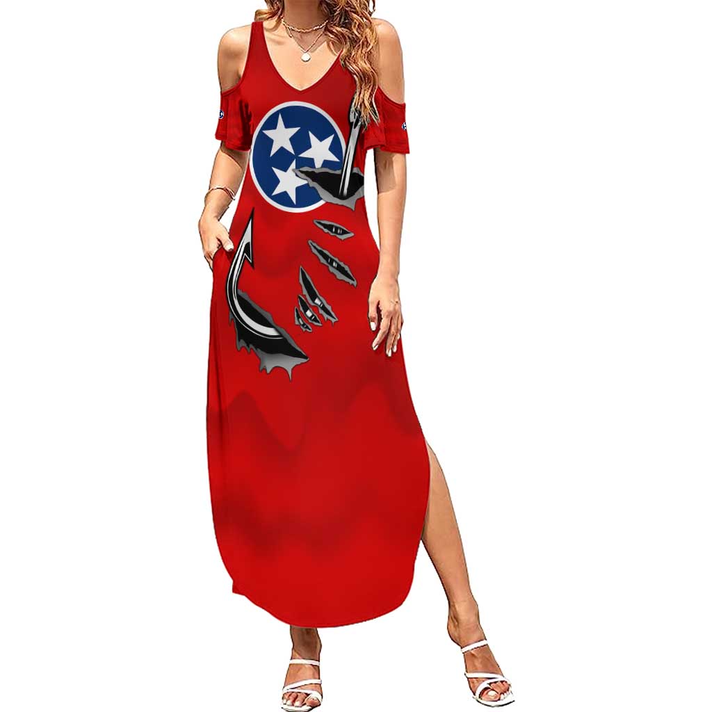 Tennessee Flag Fishing Summer Maxi Dress with Ripped Hook Graphic and Triple Star Symbol in Red and Blue - Wonder Print Shop