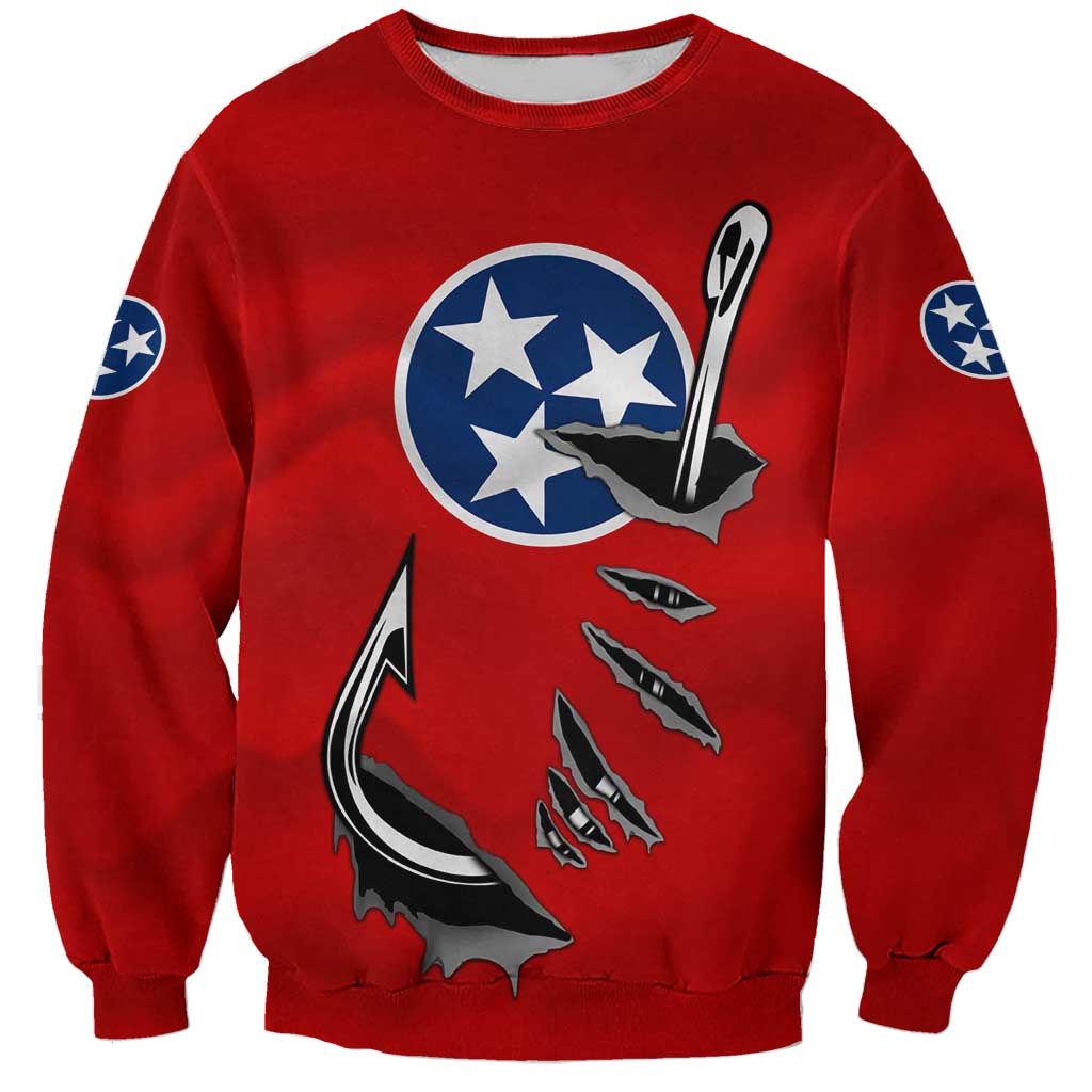 Tennessee Flag Fishing Sweatshirt with Ripped Hook Graphic and Triple Star Symbol in Red and Blue - Wonder Print Shop