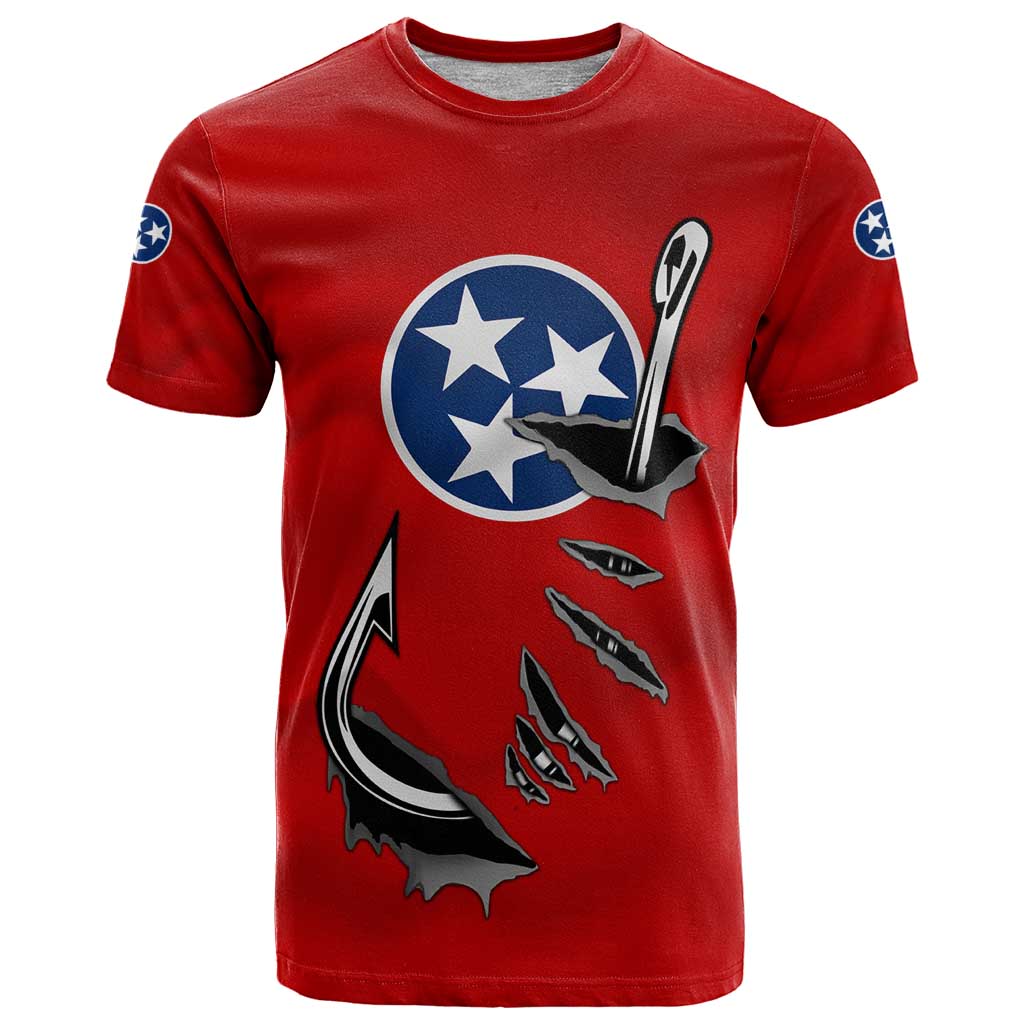 Tennessee Flag Fishing T Shirt with Ripped Hook Graphic and Triple Star Symbol in Red and Blue - Wonder Print Shop