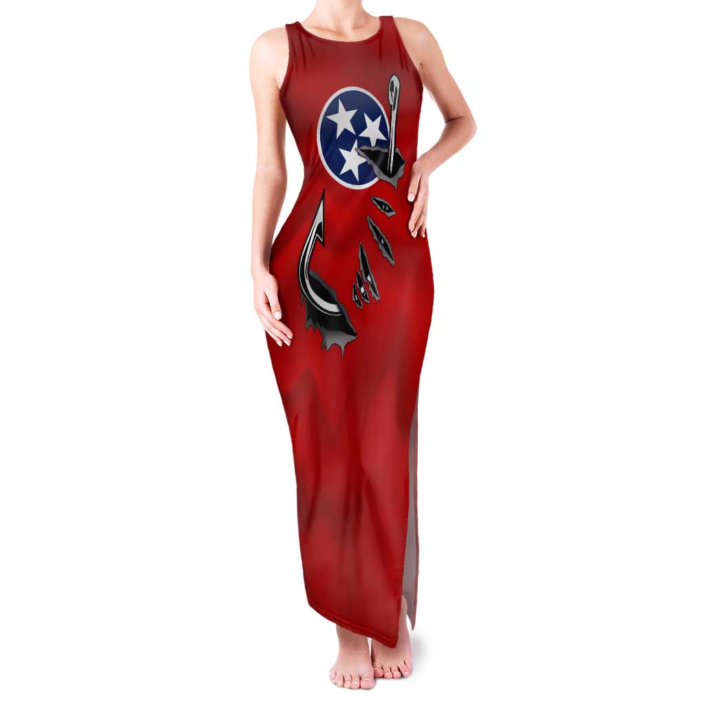 Tennessee Flag Fishing Tank Maxi Dress with Ripped Hook Graphic and Triple Star Symbol in Red and Blue - Wonder Print Shop