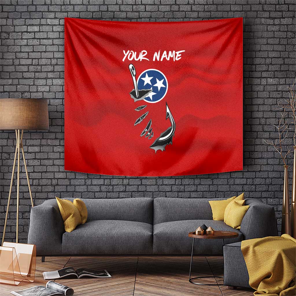 Tennessee Flag Fishing Tapestry with Ripped Hook Graphic and Triple Star Symbol in Red and Blue - Wonder Print Shop