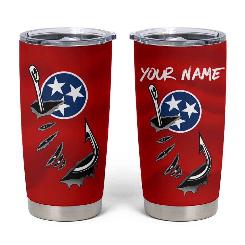 Tennessee Flag Fishing Tumbler Cup with Ripped Hook Graphic and Triple Star Symbol in Red and Blue - Wonder Print Shop