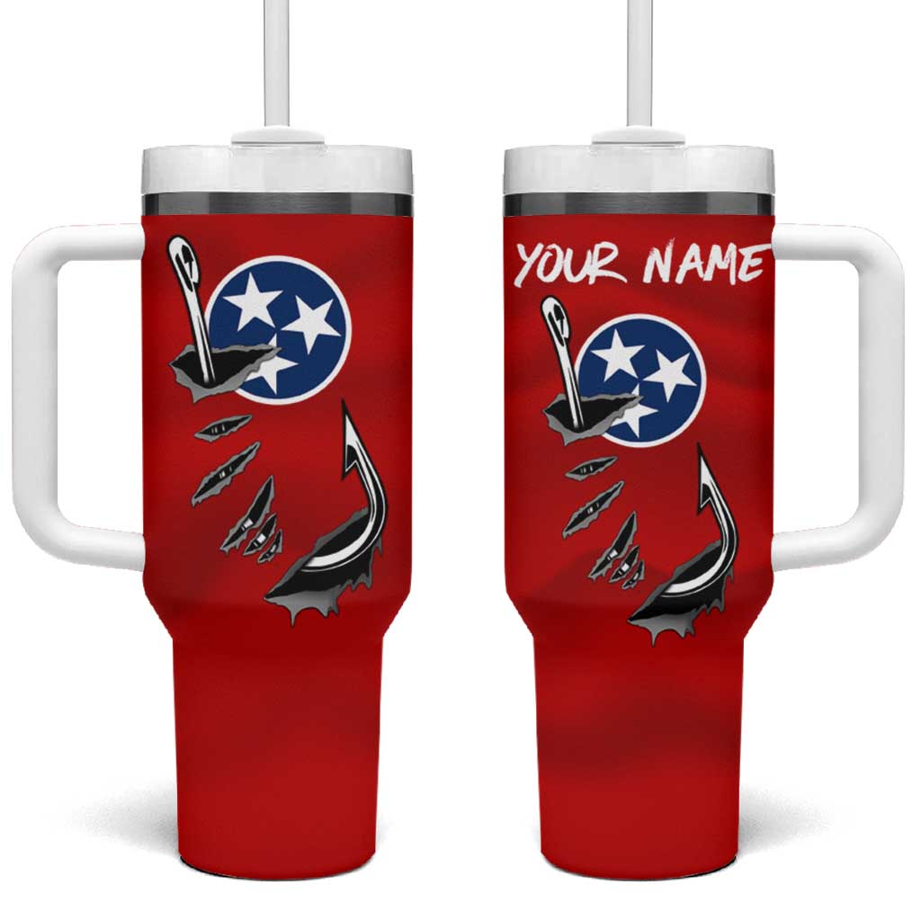 Tennessee Flag Fishing Tumbler With Handle with Ripped Hook Graphic and Triple Star Symbol in Red and Blue - Wonder Print Shop