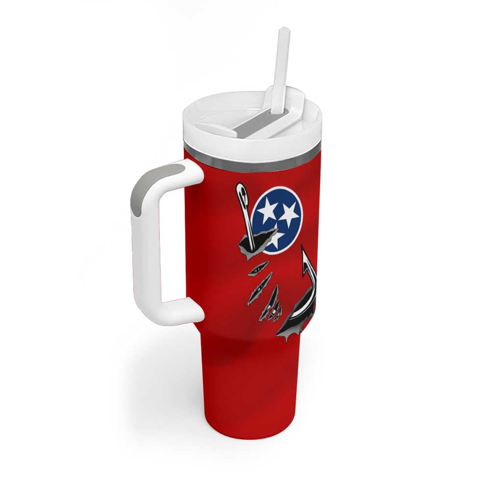 Tennessee Flag Fishing Tumbler With Handle with Ripped Hook Graphic and Triple Star Symbol in Red and Blue - Wonder Print Shop