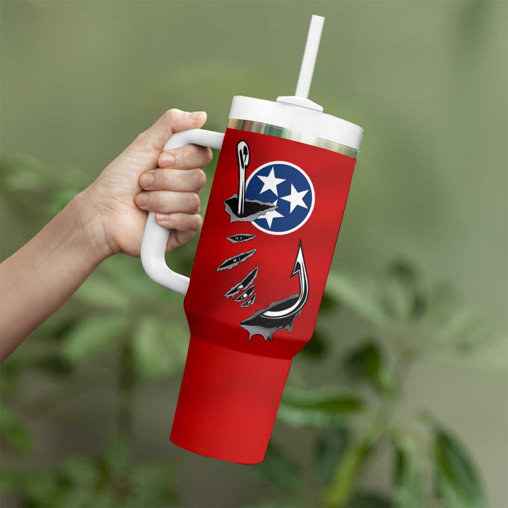Tennessee Flag Fishing Tumbler With Handle with Ripped Hook Graphic and Triple Star Symbol in Red and Blue - Wonder Print Shop