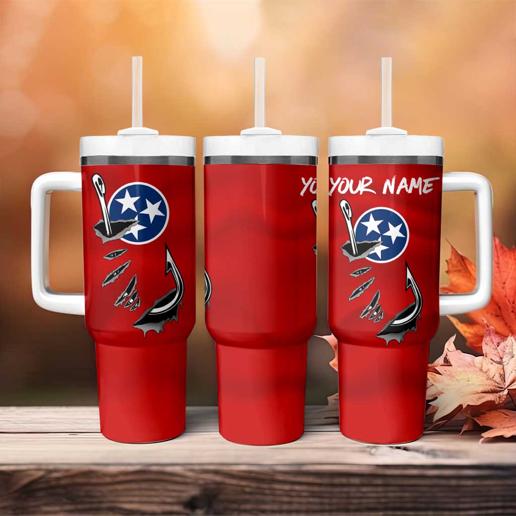Tennessee Flag Fishing Tumbler With Handle with Ripped Hook Graphic and Triple Star Symbol in Red and Blue - Wonder Print Shop