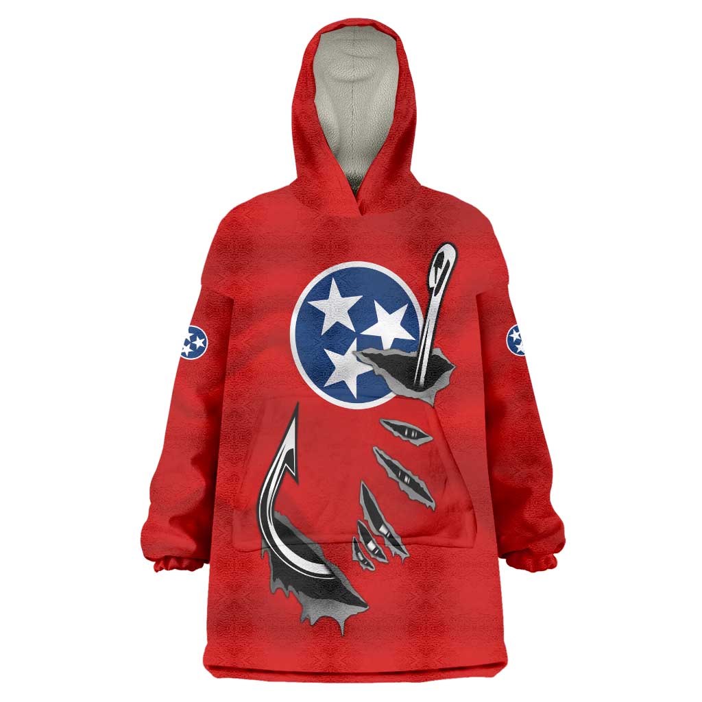 Tennessee Flag Fishing Wearable Blanket Hoodie with Ripped Hook Graphic and Triple Star Symbol in Red and Blue - Wonder Print Shop