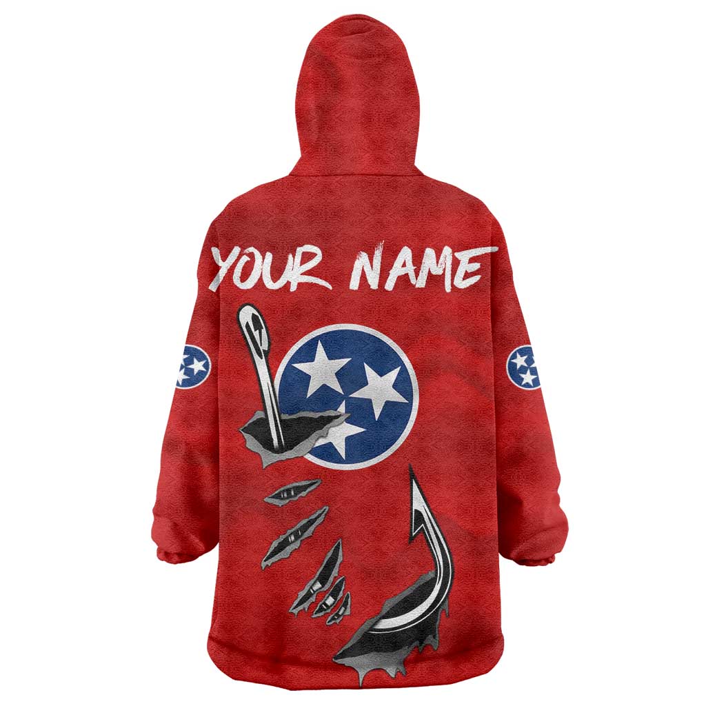Tennessee Flag Fishing Wearable Blanket Hoodie with Ripped Hook Graphic and Triple Star Symbol in Red and Blue - Wonder Print Shop