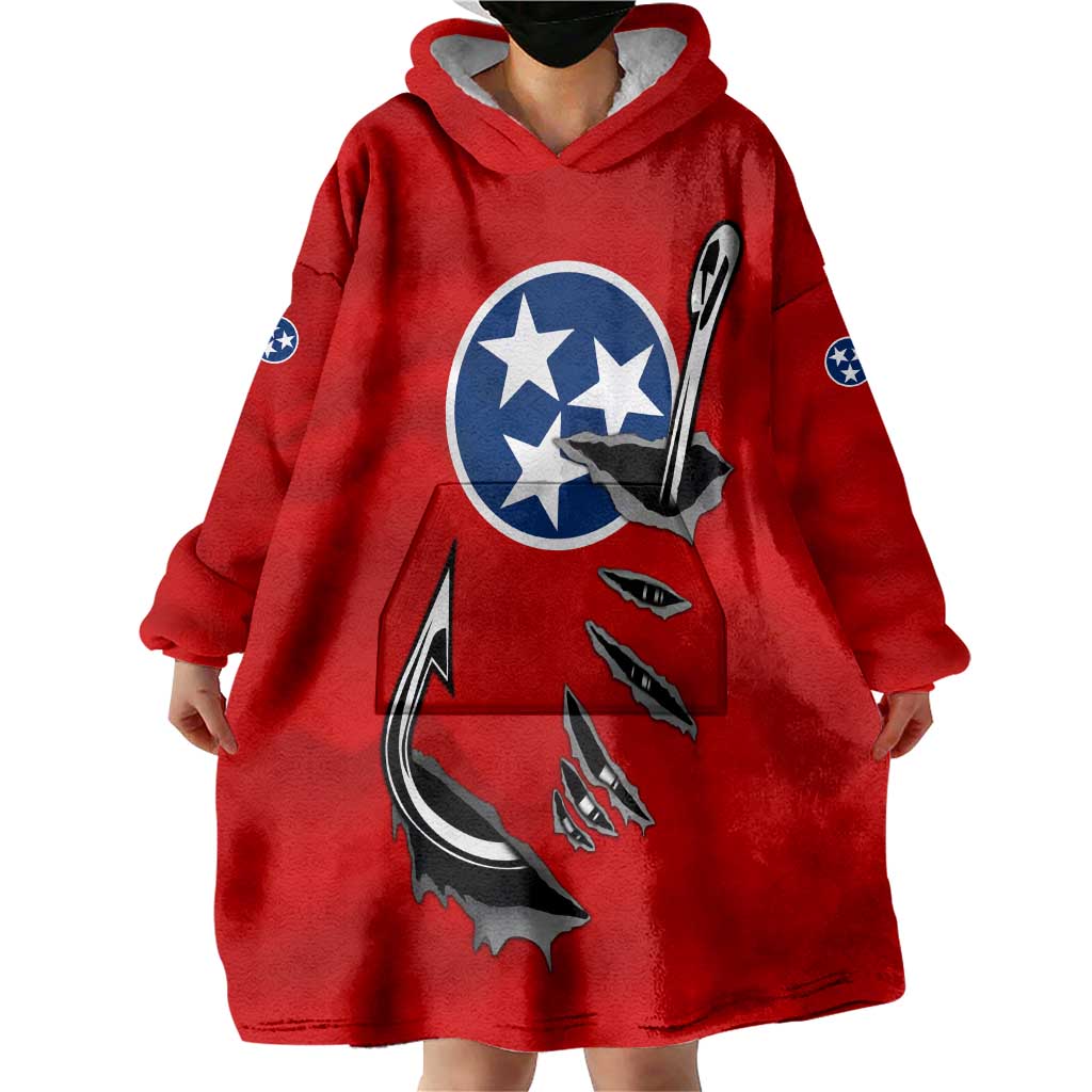 Tennessee Flag Fishing Wearable Blanket Hoodie with Ripped Hook Graphic and Triple Star Symbol in Red and Blue - Wonder Print Shop