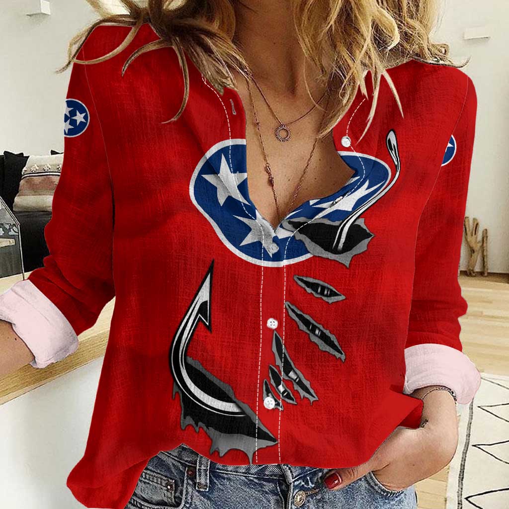 Tennessee Flag Fishing Women Casual Shirt with Ripped Hook Graphic and Triple Star Symbol in Red and Blue - Wonder Print Shop