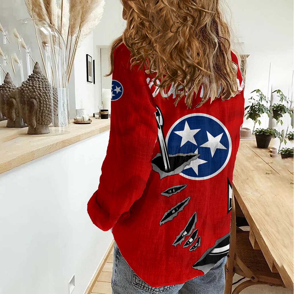 Tennessee Flag Fishing Women Casual Shirt with Ripped Hook Graphic and Triple Star Symbol in Red and Blue - Wonder Print Shop