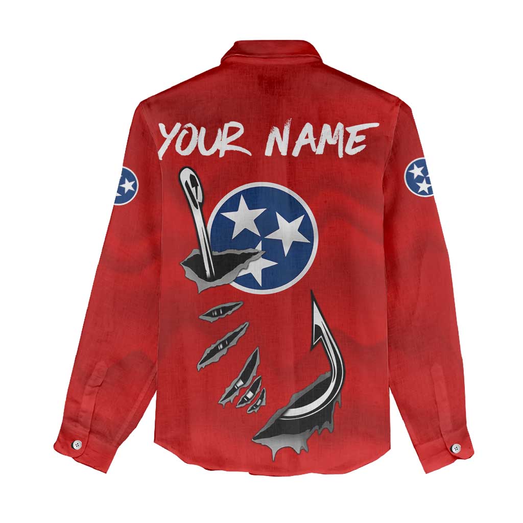 Tennessee Flag Fishing Women Casual Shirt with Ripped Hook Graphic and Triple Star Symbol in Red and Blue - Wonder Print Shop