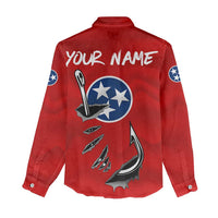 Tennessee Flag Fishing Women Casual Shirt with Ripped Hook Graphic and Triple Star Symbol in Red and Blue - Wonder Print Shop