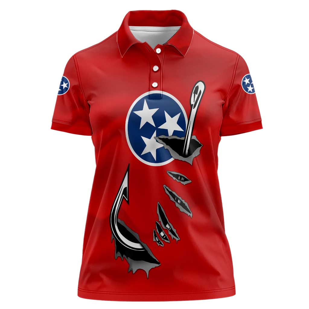 Tennessee Flag Fishing Women Polo Shirt with Ripped Hook Graphic and Triple Star Symbol in Red and Blue - Wonder Print Shop