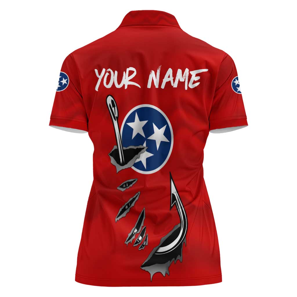 Tennessee Flag Fishing Women Polo Shirt with Ripped Hook Graphic and Triple Star Symbol in Red and Blue - Wonder Print Shop
