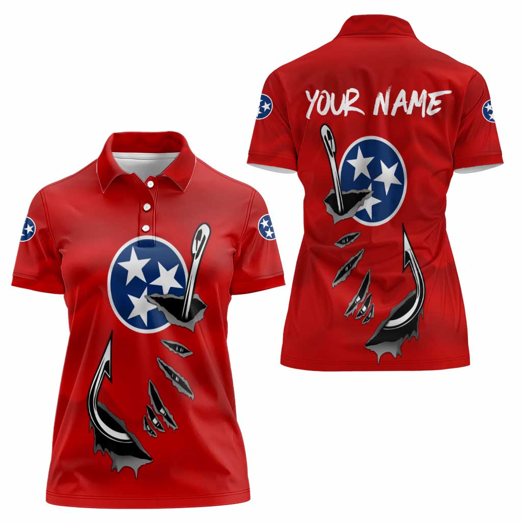 Tennessee Flag Fishing Women Polo Shirt with Ripped Hook Graphic and Triple Star Symbol in Red and Blue - Wonder Print Shop