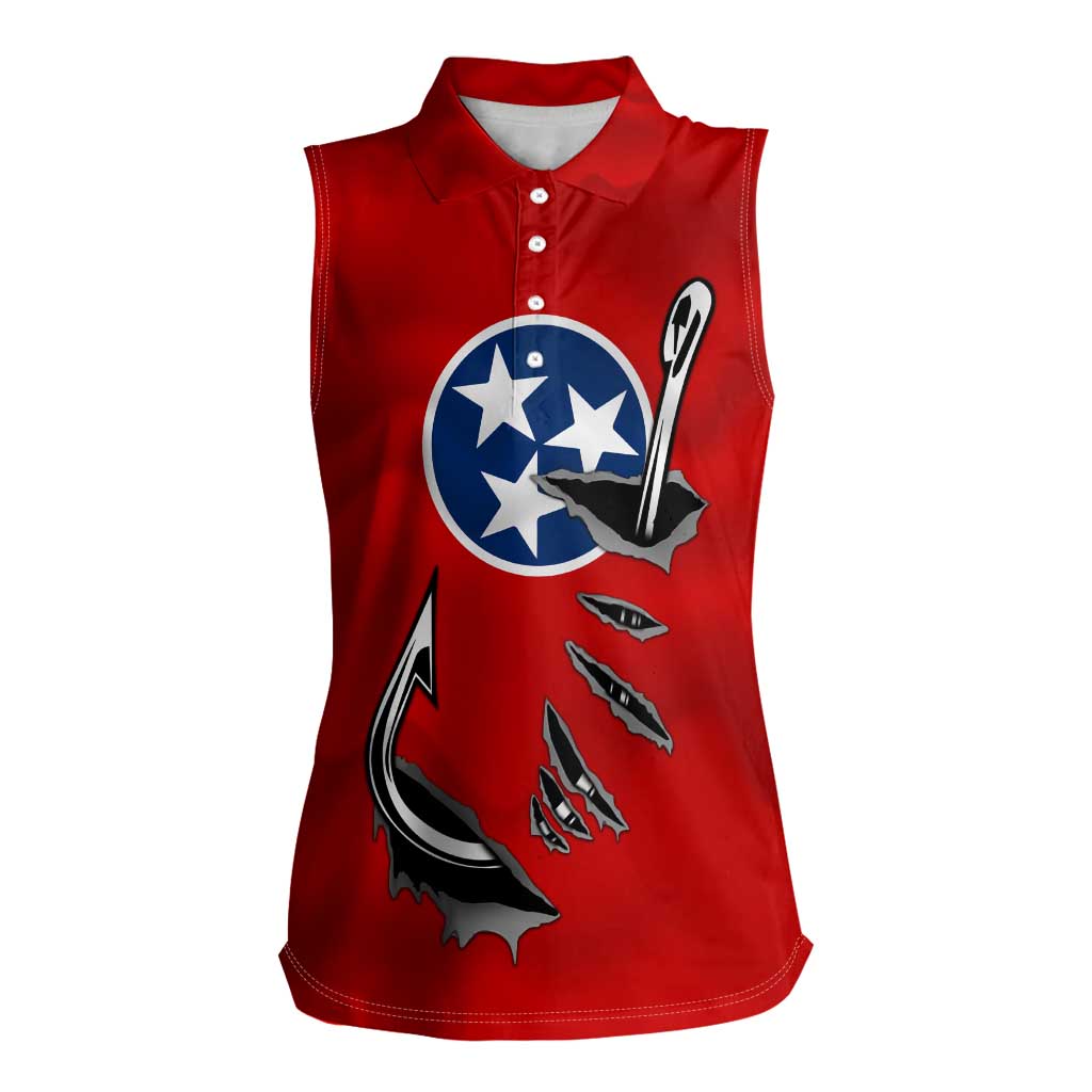 Tennessee Flag Fishing Women Sleeveless Polo Shirt with Ripped Hook Graphic and Triple Star Symbol in Red and Blue - Wonder Print Shop