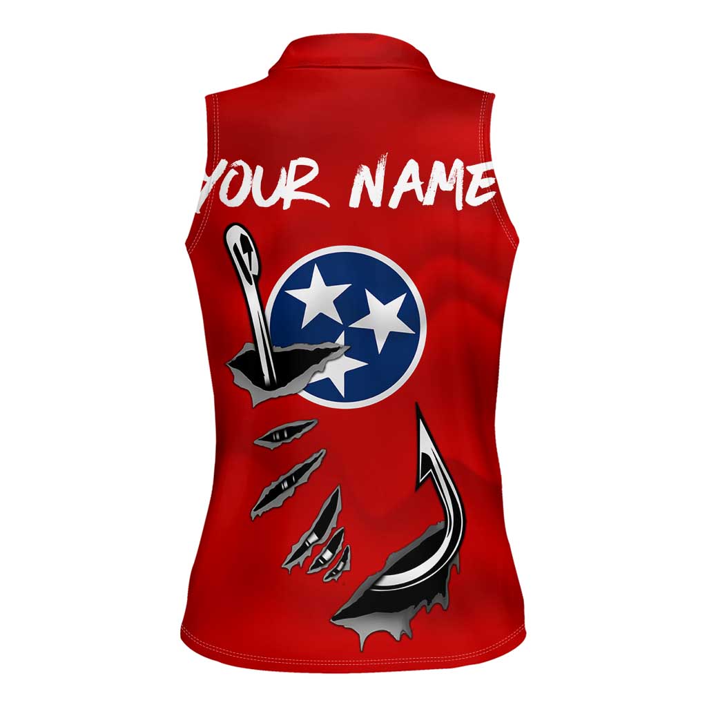Tennessee Flag Fishing Women Sleeveless Polo Shirt with Ripped Hook Graphic and Triple Star Symbol in Red and Blue - Wonder Print Shop