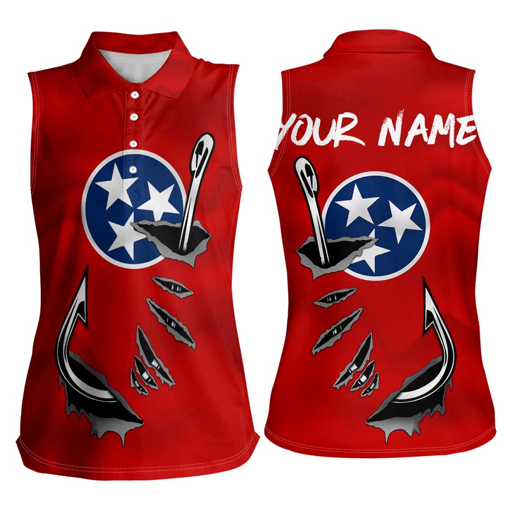 Tennessee Flag Fishing Women Sleeveless Polo Shirt with Ripped Hook Graphic and Triple Star Symbol in Red and Blue - Wonder Print Shop