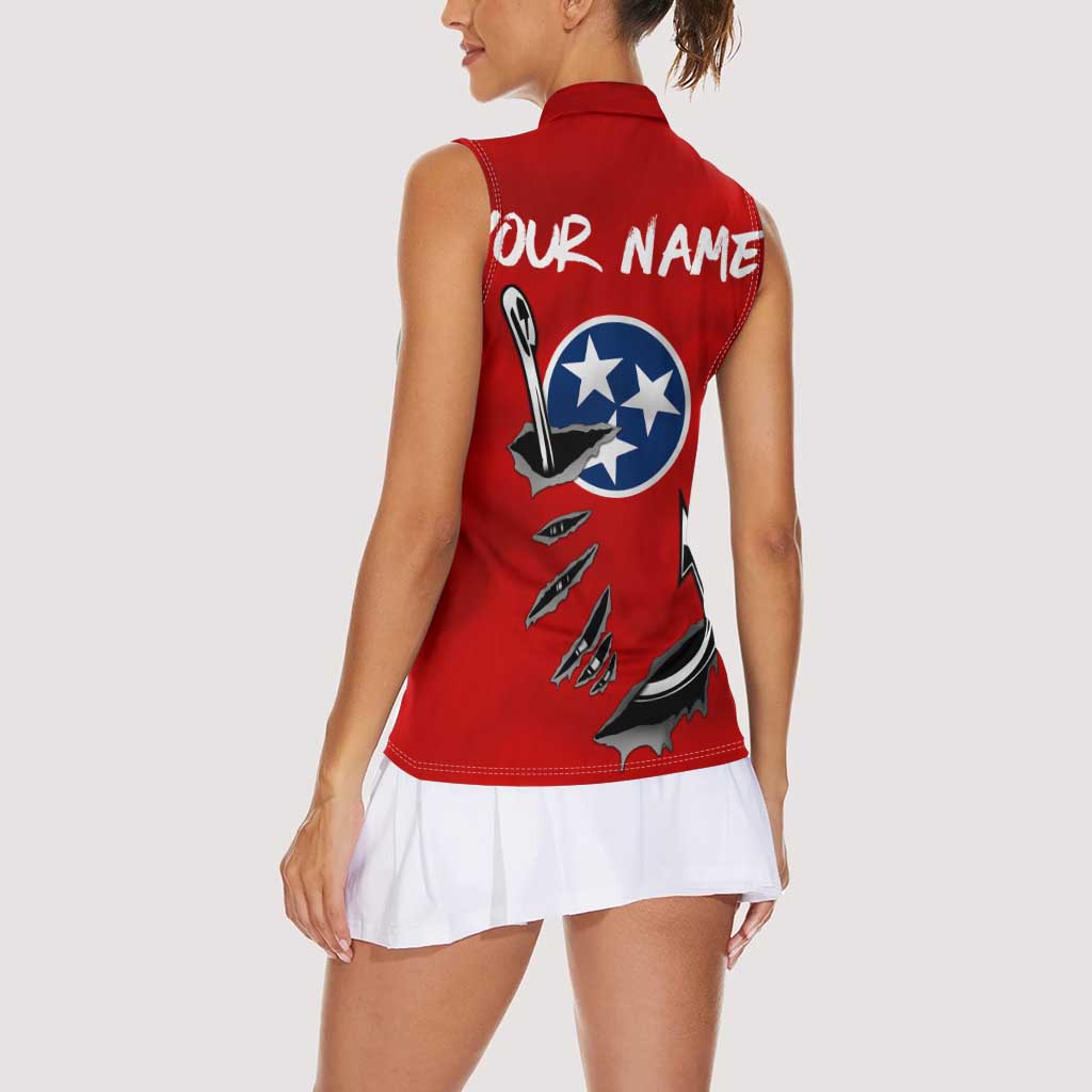 Tennessee Flag Fishing Women Sleeveless Polo Shirt with Ripped Hook Graphic and Triple Star Symbol in Red and Blue - Wonder Print Shop