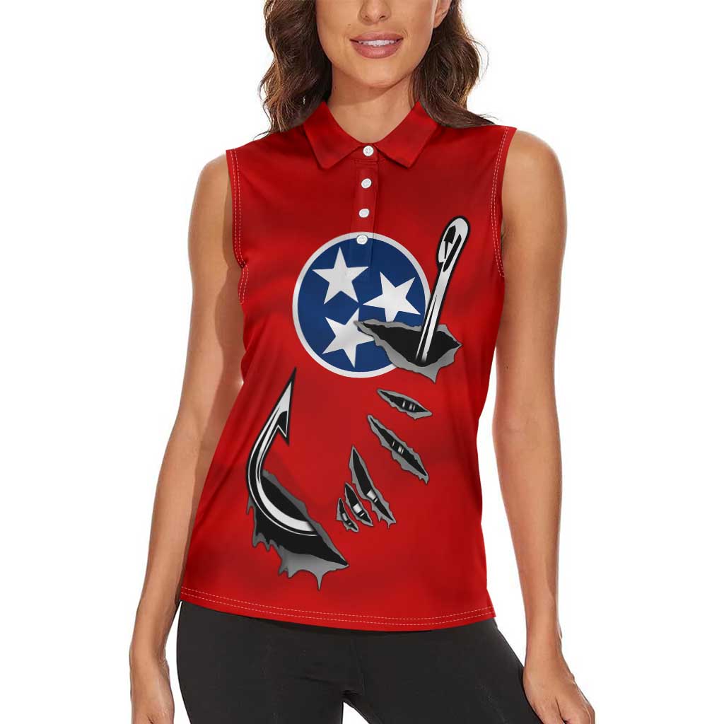 Tennessee Flag Fishing Women Sleeveless Polo Shirt with Ripped Hook Graphic and Triple Star Symbol in Red and Blue - Wonder Print Shop