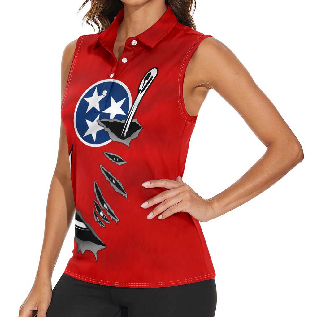 Tennessee Flag Fishing Women Sleeveless Polo Shirt with Ripped Hook Graphic and Triple Star Symbol in Red and Blue - Wonder Print Shop