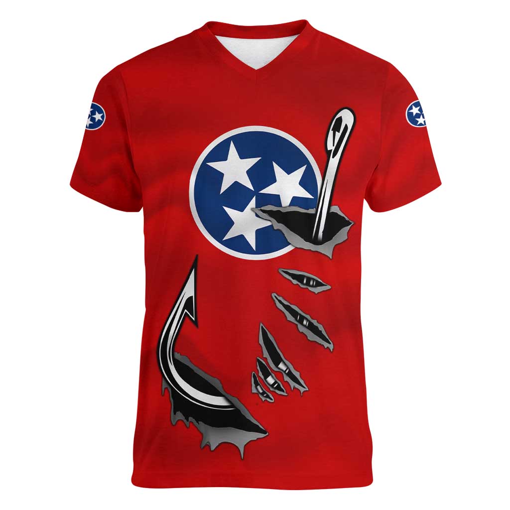 Tennessee Flag Fishing Women V-Neck T-Shirt with Ripped Hook Graphic and Triple Star Symbol in Red and Blue - Wonder Print Shop